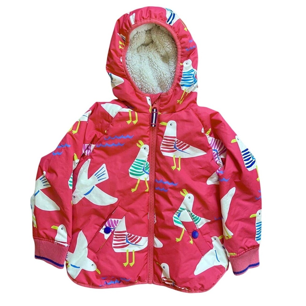 Mini Boden Seagull Print Hooded Jacket Coat Kids Unisex 3-4Y Fleece Lined EUC
